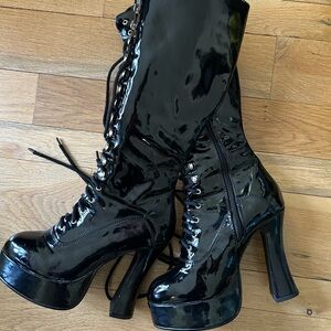 Black Patent Leather Look Lace-Up Boots